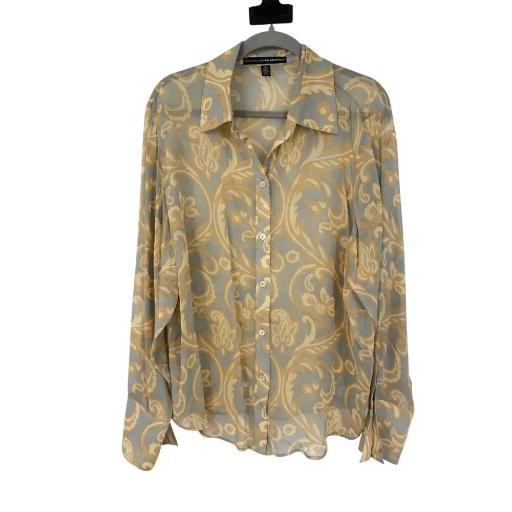 Ellen Tracy 100% Silk Blouse Womens 16 Sage Blue Baroque Button Front Classic - Picture 2 of 12